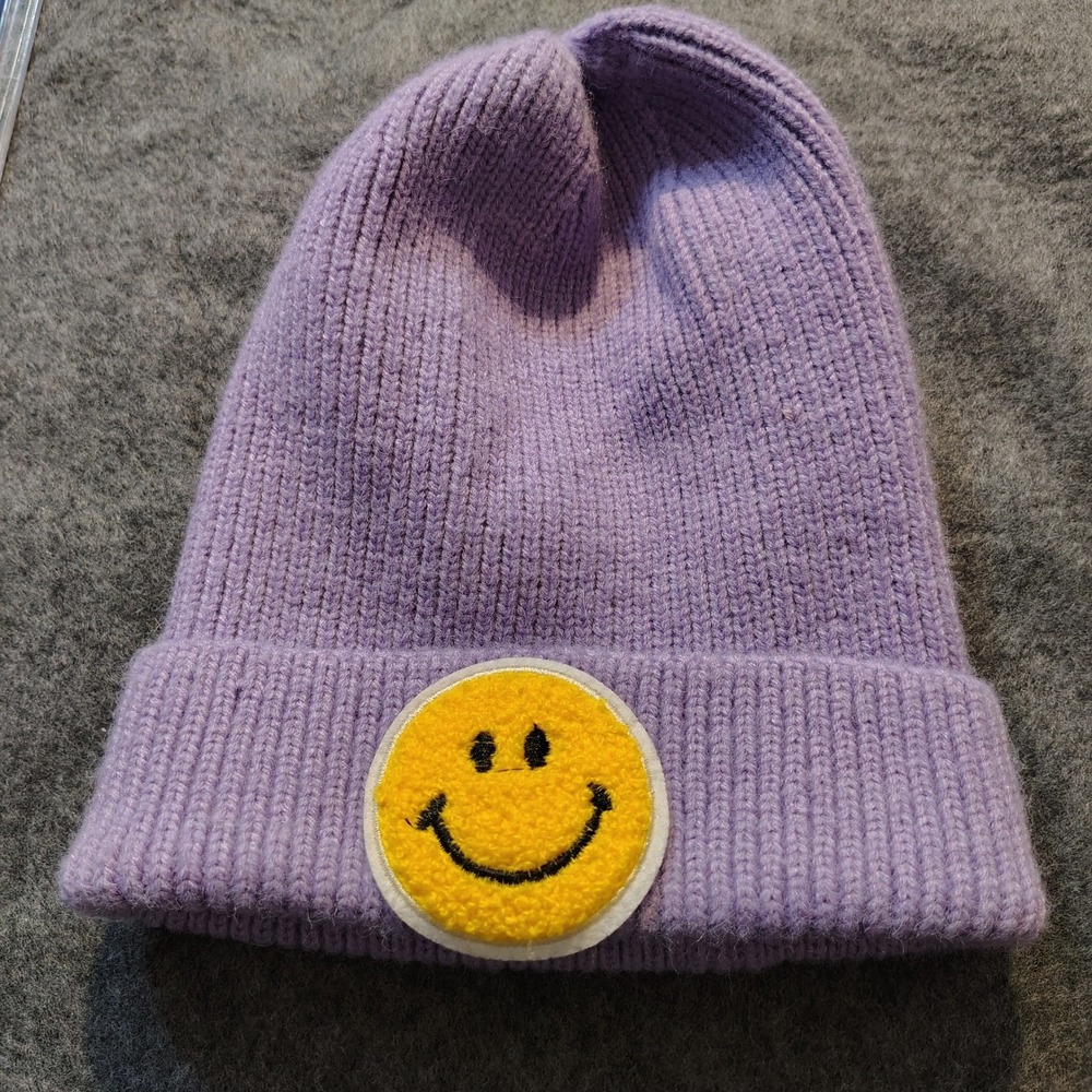 Purple Beanie Hat with Yellow Smiley Face Patch Acrylic Adult One Size